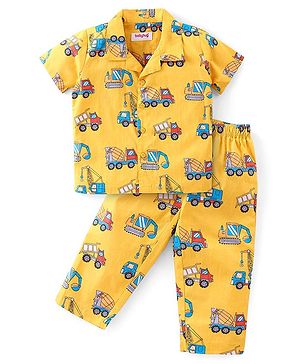 Babyhug Cotton Woven Half Sleeves Night Suit With Construction Vehicles Print - Yellow