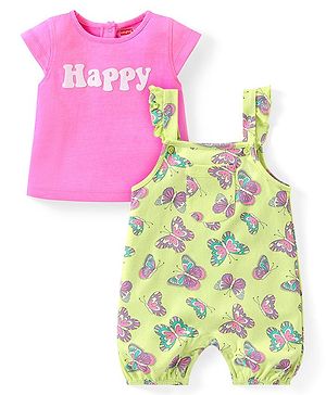 Babyhug Cotton Knit Butterfly Printed Dungaree with Half Sleeves T-Shirt - Pink & Lime Green