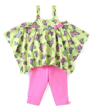 Babyhug Cotton Knit Sleeveless Kaftan Style Top & Capri Set With Butterfly Print - Pink & Lime
