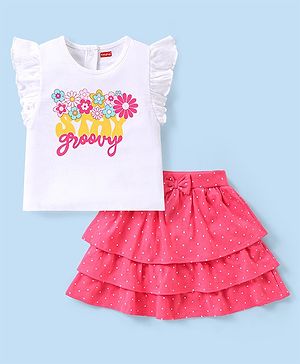 Babyhug Single Jersey Knit Frill Sleeves Top & Skirt Set With Floral & Polka Dot Print - White & Pink
