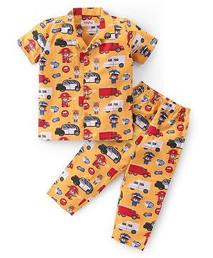 Babyhug Cotton Woven Half Sleeves Night Suit With Teddy & Vehicles Print - Yellow