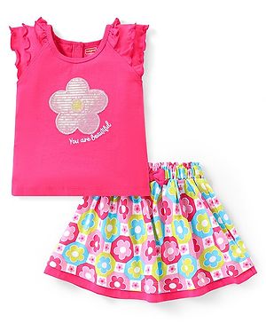 Babyhug Single Jersey Half Frilled Sleeves Top with Sequins & Skirt Set Floral Print - Pink