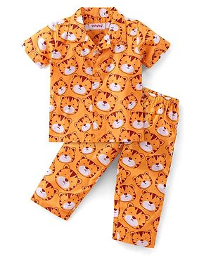 Babyhug Cotton Woven Half Sleeves Night Suit With Tiger Print - Yellow