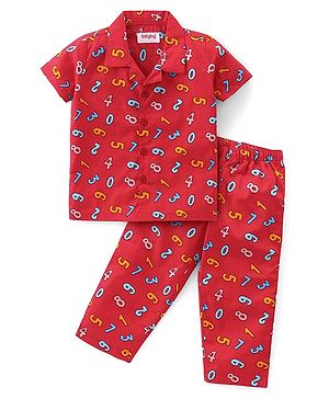 Babyhug Cotton Woven Half Sleeves Collar Neck Night Suit with Numeric Print - Red