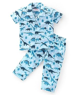 Babyhug Cotton Woven Half Sleeves Collar Neck Night Suit with Dino Print - Blue