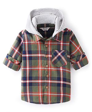 Bonfino 100% Cotton Full Sleeves Checks Shirt With Hood -Dark Green