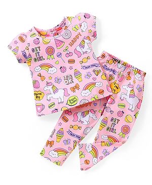 Babyhug Single  Jersey Knit Half Sleeves Night Suit with Ice Cream & Unicorn Print - Pink