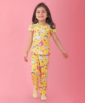 Babyhug Single Jersey Half Sleeves Printed Night Suit -Yellow