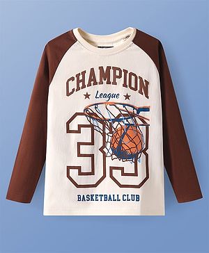 Pine Kids Cotton Knit Full Raglan Sleeves T-Shirt with Text Print - Off White & Brown