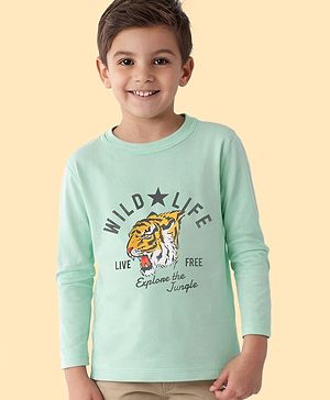 Pine Kids Cotton Knit Full Sleeves Tiger Printed T-Shirt - Sea Green