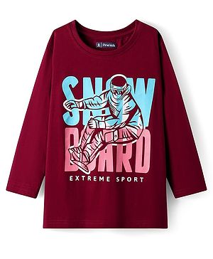 Pine Kids Cotton Knit Full Sleeves T-Shirt With Text Print - Maroon