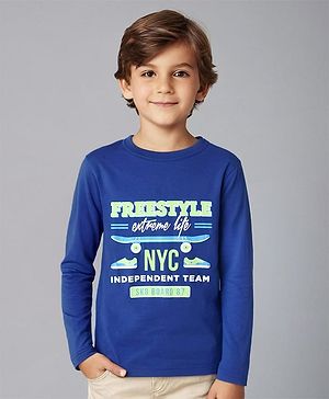 Pine Kids Cotton Knit Full Sleeves T-Shirt with Text Print - Blue