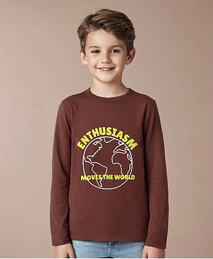 Pine Kids Cotton Knit Full Sleeves Text Printed T-Shirt - Brown
