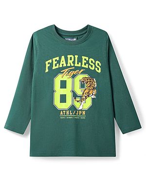 Pine Kids Cotton Knit Full Sleeves T-Shirt with Text & Tiger Print - Mint Green