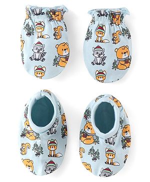 Babyhug 100% Cotton Mittens & Booties Set Animal Print - Blue
