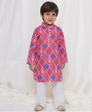 AJ Dezines Full Sleeves Patola Style Animals Printed Kurta & Pyjama Set - Pink