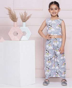 AJ Dezines Cotton  Sleeveless Pandas & Clouds Printed Coordinating Top & Pant Set - Grey