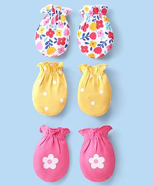 Babyhug 100% Cotton Knit Floral & Polka Dots Printed Mittens Pack of 3 - White Yellow & Pink