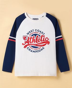 Pine Kids Cotton Knit Full Raglan Sleeves with Text Print T-Shirt - White & Blue