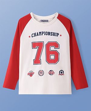 Pine Kids Cotton Knit Full Raglan Sleeves Text Printed T-Shirt - White & Red