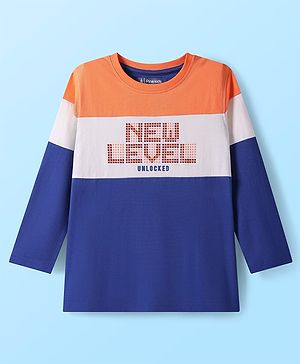 Pine Kids Cotton Knit Full Sleeves Text Printed T-Shirt with Cut & Sew Design - Orange Blue & White