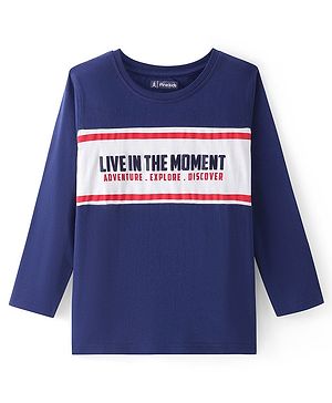 Pine Kids Cotton Knit Full Sleeves Colour Block T-Shirt with Striped & Text Print - Navy Blue & White