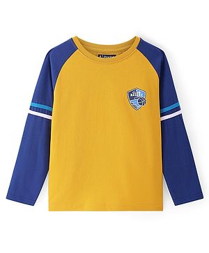 Pine Kids Cotton Knit Full Raglan Sleeves T-Shirt with Badge Print - Golden