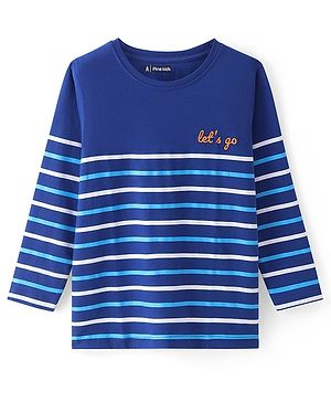 Pine Kids Cotton Knit Full Sleeves Striped T-Shirt with Text Embroidery - Blue