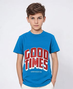 Pine Kids Cotton Knit Half Sleeves T-Shirt with Text Print - Blue