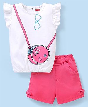 Babyhug Single Jersey Knit Frill  Sleeves Top & Shorts Set with Sling Print - White & Pink