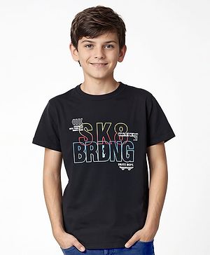 Pine Kids Cotton Knit Half Sleeves T-Shirt With Text Print - Black