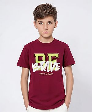 Pine Kids Cotton Knit Half Sleeves Text Printed T-Shirt - Dark Red