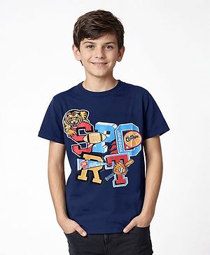 Pine Kids Cotton Knit Half Sleeves T-Shirt with Tiger Print - Navy Blue