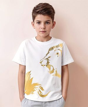 Pine Kids Cotton Knit Half Sleeves T-Shirt with Lion Foil  Print - White