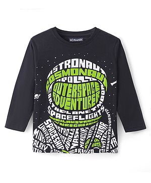 Pine Kids Cotton Knit Full Sleeves T-Shirt with Text Print - Black
