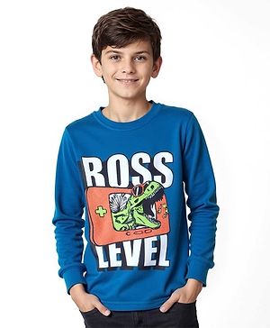Pine Kids Cotton Knit Full Sleeves T-Shirt with Dino Print - Seaport Blue
