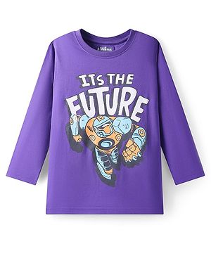 Pine Kids Cotton Knit Full Sleeves T-Shirt With Robot & Text Print - Purple