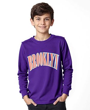 Pine Kids Cotton Knit Full Sleeve T-Shirt with Text Print  - Violet Indigo