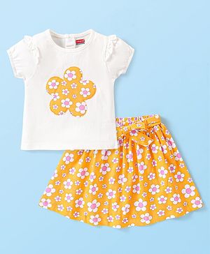 Babyhug Single Jersey Knit Half Sleeves Top And Skirt Set Floral Print - Yellow & White