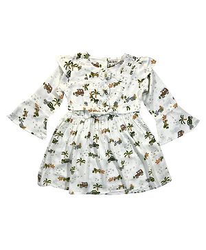 Bella Moda Bell Sleeves Bow Applique & Vehicles Printed Dress - White