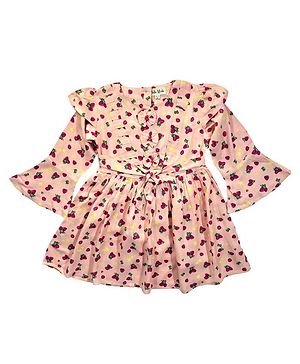 Bella Moda Bell Sleeves Bow Applique & Strawberries Printed Dress - Peach