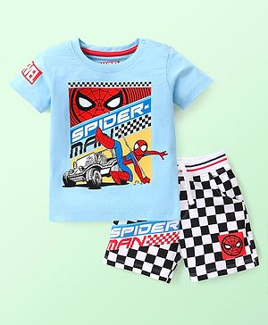 Babyhug Marvel Cotton Knit Half Sleeves T-Shirt & Shorts Set With Front & Back Spiderman Graphics - Blue