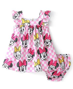 Babyhug Disney Cotton Jersey Knit Frill Sleeves Frock with Bloomer Minnie Mouse Print- Pink