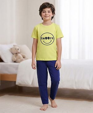 Pine Kids Cotton Knit Half Sleeves Night Suit with Text Print - Lemon & Navy Blue