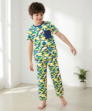 Pine Kids Cotton Knit Half Sleeves Night Suit with Camouflage Print - Navy Peony