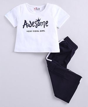 M'andy Knitted Half Sleeves Awesome Text Printed Tee With Trousers - Navy Blue