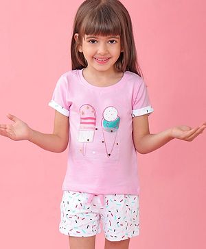 Babyhug Single Jersey Half Sleeves Shorts Night Suit Ice Cream Print - Pink