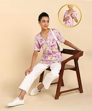 Zelena 95% Cotton 5% Elastane Half Sleeves Floral Printed Maternity Top With Concealed   Nursing Access  - Baby Pink