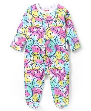 Babyhug Cotton Knit Full Sleeves Footed Sleepsuit Smiley Print - Multicolour