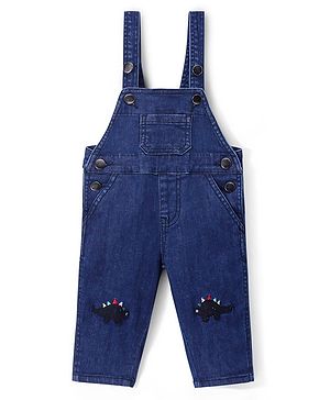 Bonfino Woven Sleeveless Dark Wash Dungaree With Dino Embroidery - Indigo